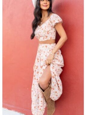 Pink Lily Cream Maxi Dress with Rust Floral Print